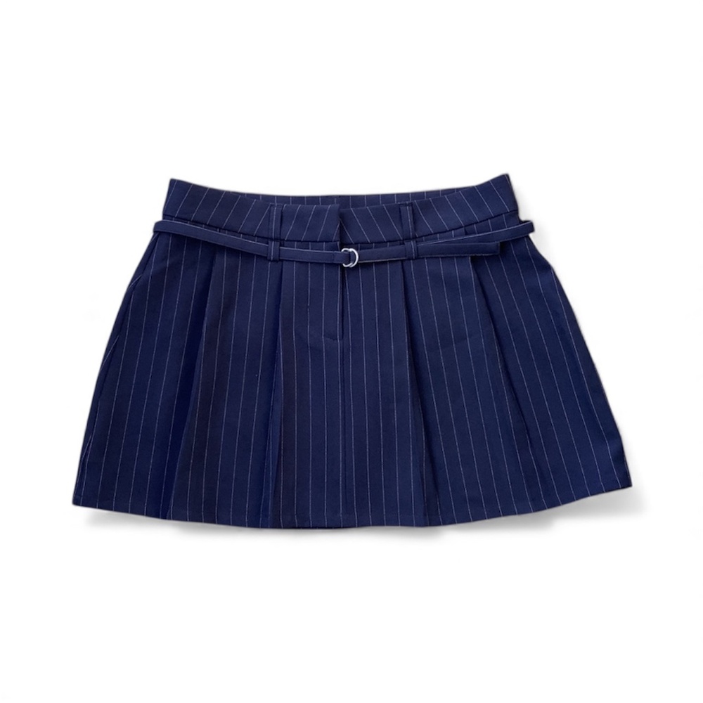 No Boundaries Navy Women’s S / 4-6 Pinstripe Pleated Mid-Rise Belted Skirt NWT